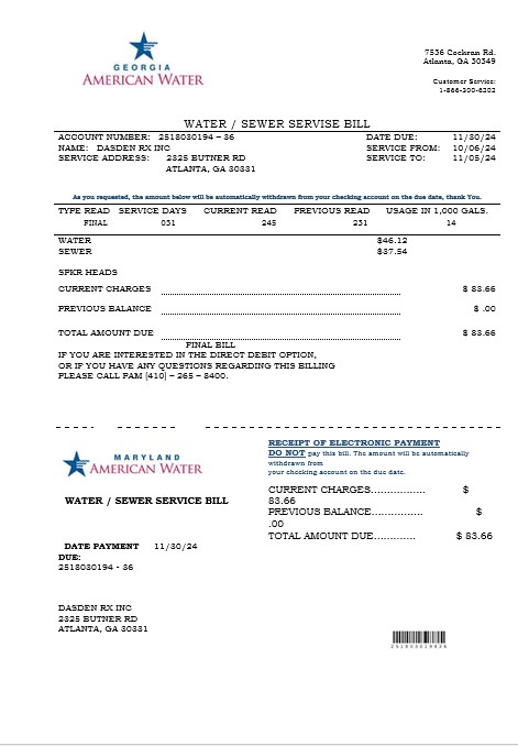 USA Maryland Georgia Water business utility bill template in Word and PDF formats